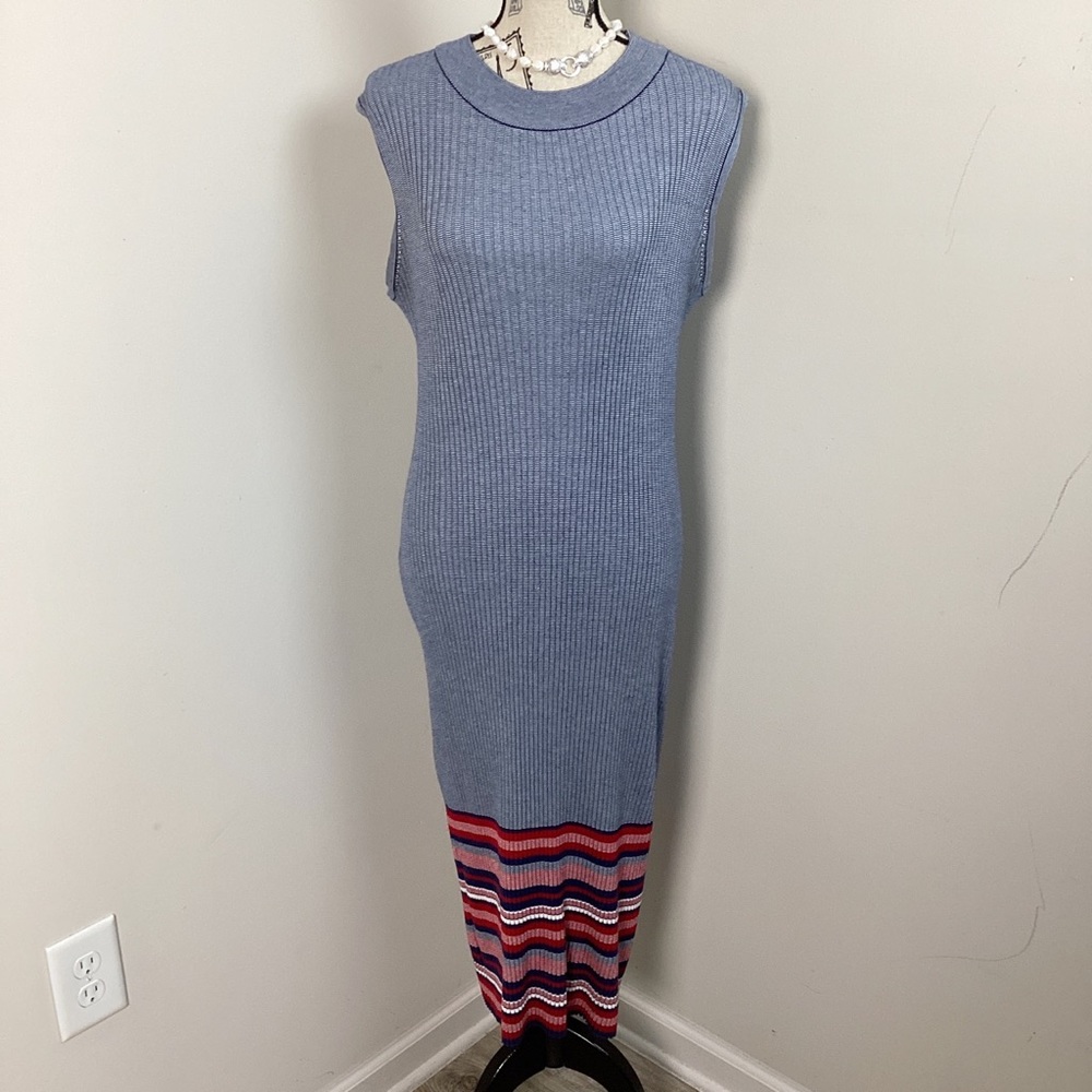 Ashley Steward Women’s Blue Knit Maxi Sleeveless Red Pink White Stripes Hem